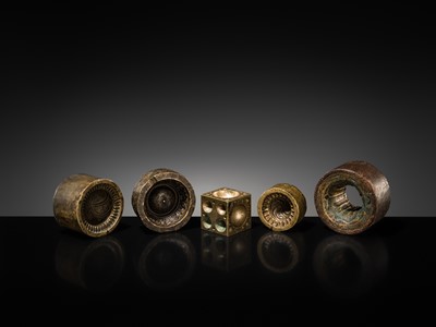 Lot 112 - A GROUP OF FIVE BUDDHIST BRONZE MOLDS WITH GANKYIL AND LOTUS