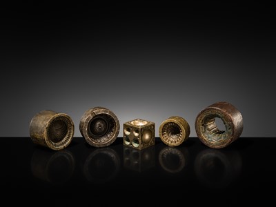 Lot 112 - A GROUP OF FIVE BUDDHIST BRONZE MOLDS WITH GANKYIL AND LOTUS
