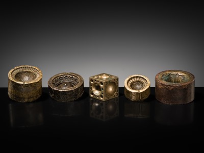 Lot 112 - A GROUP OF FIVE BUDDHIST BRONZE MOLDS WITH GANKYIL AND LOTUS