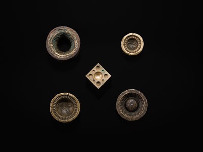 Lot 112 - A GROUP OF FIVE BUDDHIST BRONZE MOLDS WITH GANKYIL AND LOTUS