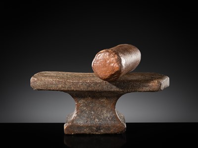 Lot 6 - A SANDSTONE PESANI (GRINDING STONE) AND GRINDER, ANGKOR PERIOD