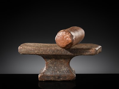Lot 6 - A SANDSTONE PESANI (GRINDING STONE) AND GRINDER, ANGKOR PERIOD
