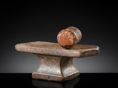 Lot 6 - A SANDSTONE PESANI (GRINDING STONE) AND GRINDER, ANGKOR PERIOD