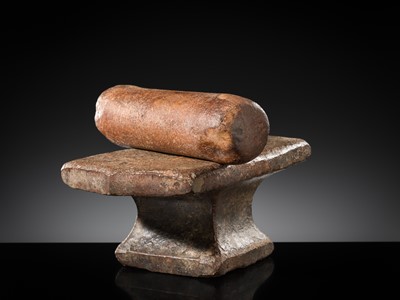 Lot 6 - A SANDSTONE PESANI (GRINDING STONE) AND GRINDER, ANGKOR PERIOD