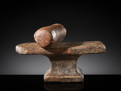 Lot 6 - A SANDSTONE PESANI (GRINDING STONE) AND GRINDER, ANGKOR PERIOD