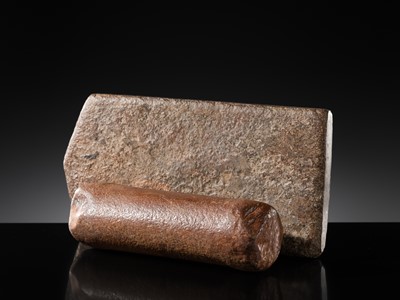 Lot 6 - A SANDSTONE PESANI (GRINDING STONE) AND GRINDER, ANGKOR PERIOD
