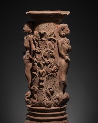 Lot 292 - A MAJAPAHIT TERRACOTTA ARCHITECTUAL PILLAR WITH NYMPHS