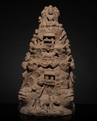 Lot 208 - A MAJAPAHIT TERRACOTTA FIGURE OF A HERMITAGE ON A MOUNTAIN