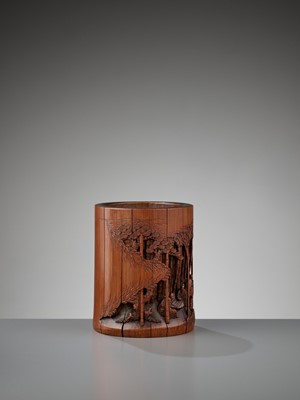 Lot 541 - A RETICULATED BAMBOO ‘SEVEN SAGES’ BRUSH POT, BITONG, MID-QING
