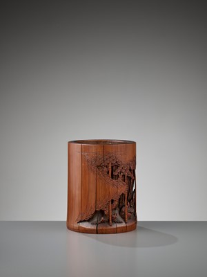 Lot 541 - A RETICULATED BAMBOO ‘SEVEN SAGES’ BRUSH POT, BITONG, MID-QING