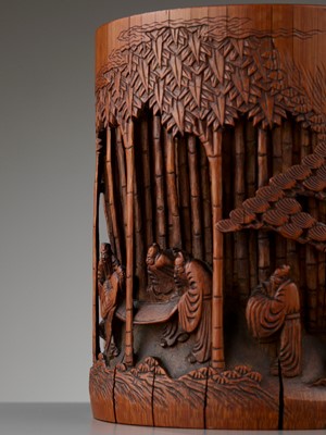 Lot 541 - A RETICULATED BAMBOO ‘SEVEN SAGES’ BRUSH POT, BITONG, MID-QING