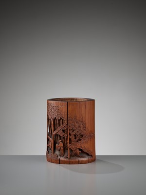 Lot 541 - A RETICULATED BAMBOO ‘SEVEN SAGES’ BRUSH POT, BITONG, MID-QING