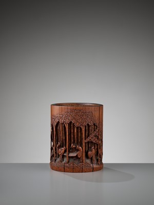 Lot 541 - A RETICULATED BAMBOO ‘SEVEN SAGES’ BRUSH POT, BITONG, MID-QING