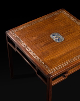 Lot 401 - A SILVER AND LAPIS LAZULI INSET HARDWOOD TABLE, FANGZHUO, LATE QING