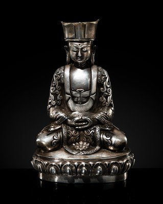 Lot 36 - A RARE SILVER FIGURE OF BUDDHA AMITABHA, TIBET OR MONGOLIA, 18TH-19TH CENTURY