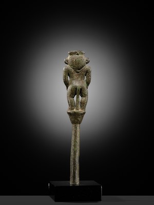 Lot 1 - A BRONZE FIGURE OF BES, LATE PERIOD TO PTOLEMAIC ERA