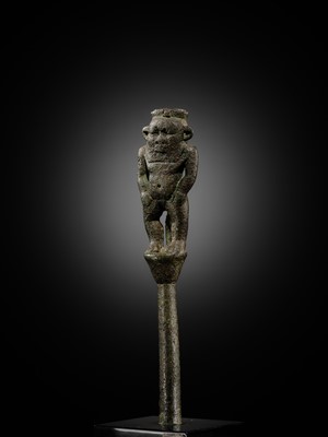 Lot 1 - A BRONZE FIGURE OF BES, LATE PERIOD TO PTOLEMAIC ERA