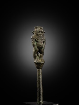 Lot 1 - A BRONZE FIGURE OF BES, LATE PERIOD TO PTOLEMAIC ERA