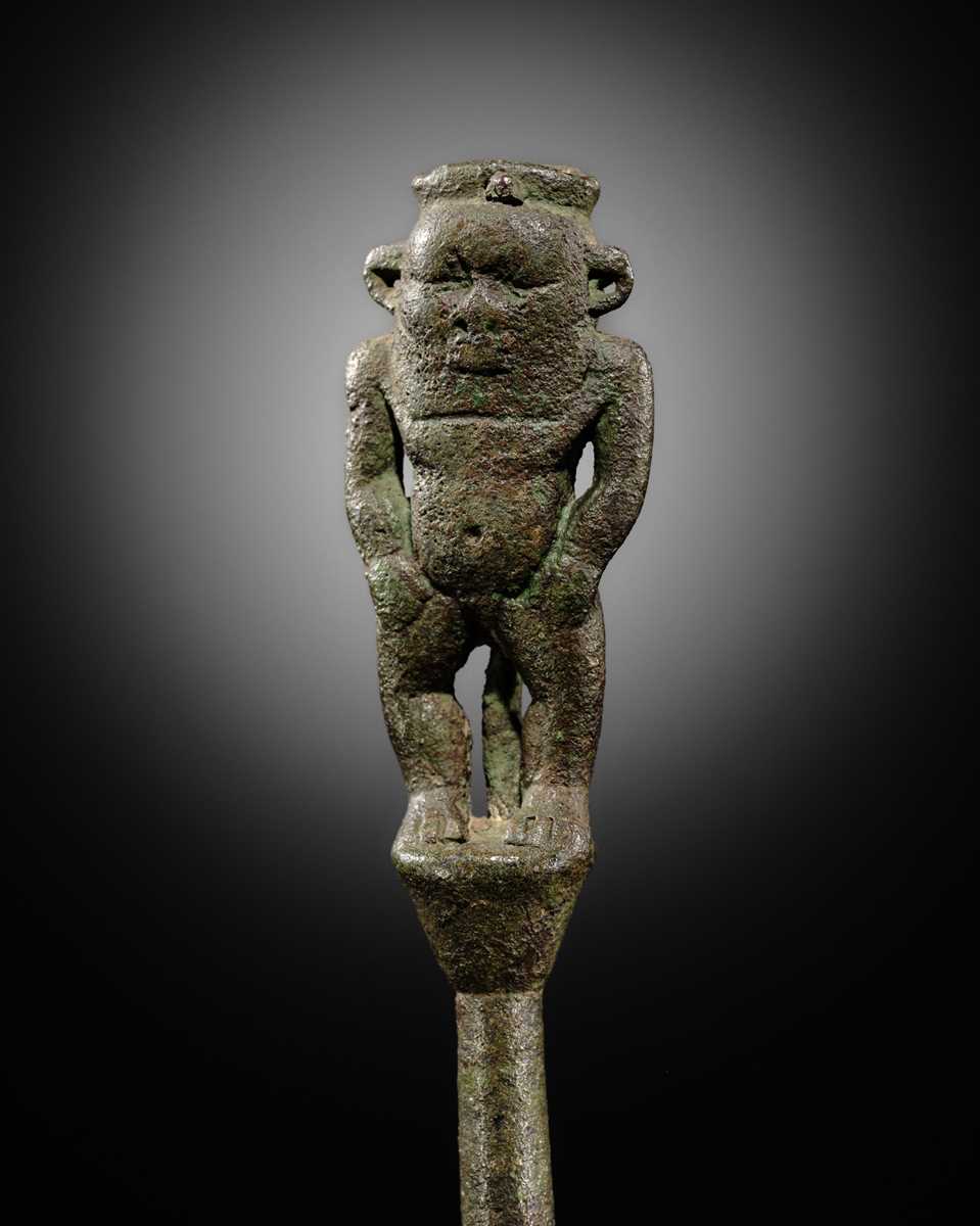 Lot 1 - A BRONZE FIGURE OF BES, LATE PERIOD TO PTOLEMAIC ERA