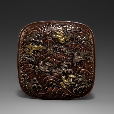 Lot 528 - A RARE MIXED METAL NETSUKE WITH CHIDORI AGAINST TURBULENT WAVES