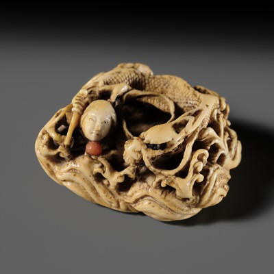 Lot 289 - A RARE INLAID IVORY RYUSA MANJU-STYLE NETSUKE OF TAMATORI-HIME AND DRAGON