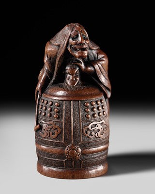 Lot 182 - IKKAN: A SUPERB WOOD NETSUKE OF KIYOHIME