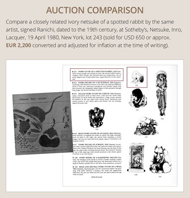 Lot 120 - RANICHI: A FINE IVORY NETSUKE OF A PIEBALD HARE WITH AMBER EYES