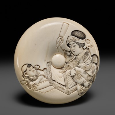 Lot 294 - KIKUGAWA: A LARGE IVORY MANJU NETSUKE DEPICTING A WOMAN BEATING LAUNDRY