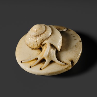 Lot 341 - KOKU: A FINE ANTLER NETSUKE OF A SNAIL ON A MUSHROOM