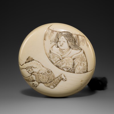 IKKOSAI KOJITSU: A FINE HOJITSU SCHOOL MANJU NETSUKE OF AN OKAME AND AN ONI AT SETSUBUN