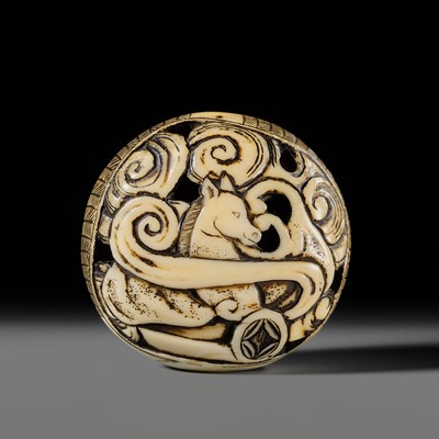 Lot 320 - AN UNUSUAL MARINE IVORY RYUSA MANJU NETSUKE WITH A WINGED HORSE KAWARA (ROOF TILE)