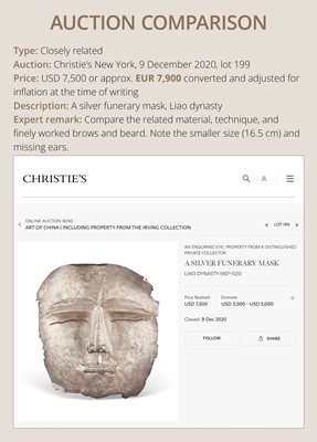 Lot 87 - A GILT SILVER FUNERARY MASK OF A NOBLEMAN, LIAO DYNASTY