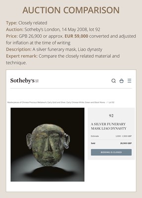 Lot 87 - A GILT SILVER FUNERARY MASK OF A NOBLEMAN, LIAO DYNASTY