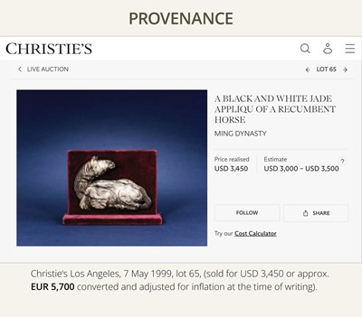 A GREY AND BLACK JADE ‘HORSE’ APPLIQUÉ, MING DYNASTY