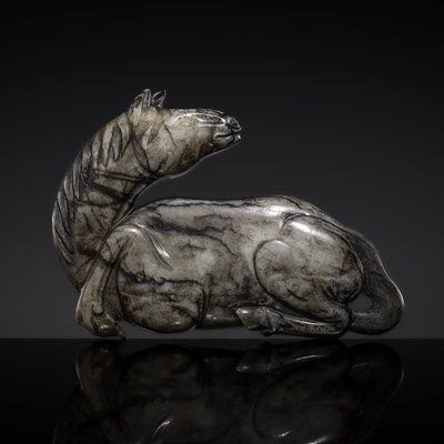 Lot 437 - A GREY AND BLACK JADE ‘HORSE’ APPLIQUÉ, MING DYNASTY