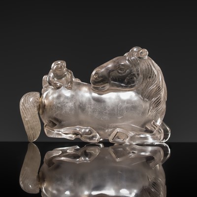 Lot 419 - A SUPERB ROCK CRYSTAL ‘HORSE AND MONKEY’ SNUFF BOTTLE AND MATCHING STOPPER, 19TH CENTURY