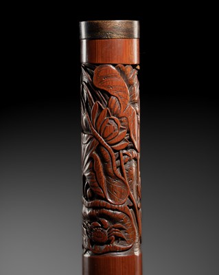 Lot 394 - A RETICULATED BAMBOO ‘CRAB ON LOTUS’ INCENSE HOLDER, 17TH-18TH CENTURY