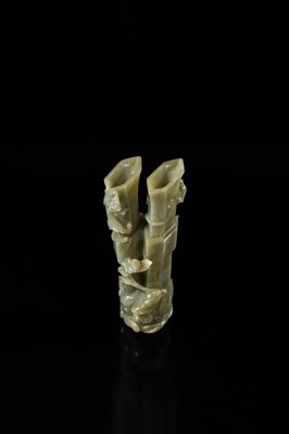 A CELADON JADE ‘CHILONG AND DUCK’ DOUBLE VASE, LATE MING TO MID-QING DYNASTY