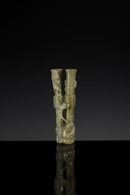 A CELADON JADE ‘CHILONG AND DUCK’ DOUBLE VASE, LATE MING TO MID-QING DYNASTY