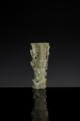 A CELADON JADE ‘CHILONG AND DUCK’ DOUBLE VASE, LATE MING TO MID-QING DYNASTY