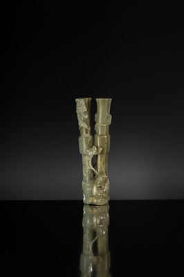 A CELADON JADE ‘CHILONG AND DUCK’ DOUBLE VASE, LATE MING TO MID-QING DYNASTY