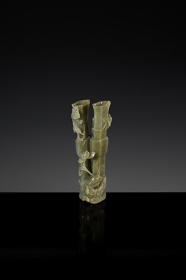 A CELADON JADE ‘CHILONG AND DUCK’ DOUBLE VASE, LATE MING TO MID-QING DYNASTY