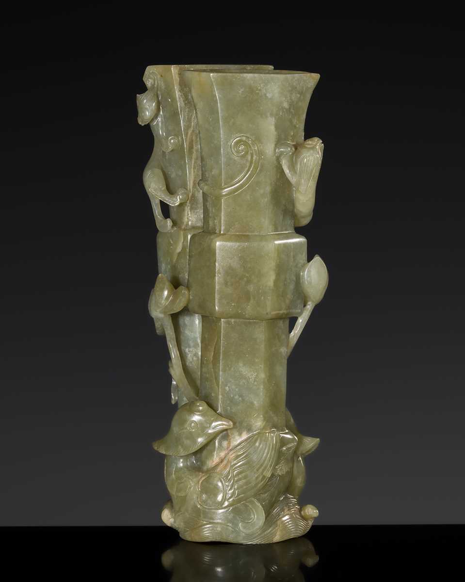 A CELADON JADE ‘CHILONG AND DUCK’ DOUBLE VASE, LATE MING TO MID-QING DYNASTY