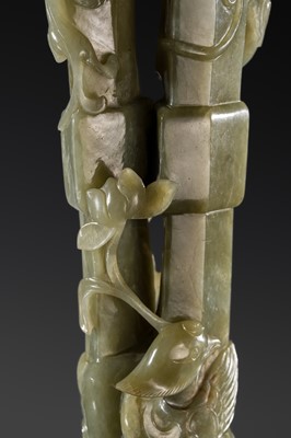 A CELADON JADE ‘CHILONG AND DUCK’ DOUBLE VASE, LATE MING TO MID-QING DYNASTY