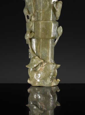 A CELADON JADE ‘CHILONG AND DUCK’ DOUBLE VASE, LATE MING TO MID-QING DYNASTY
