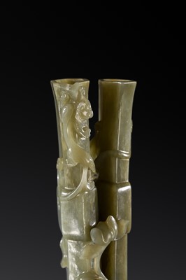 A CELADON JADE ‘CHILONG AND DUCK’ DOUBLE VASE, LATE MING TO MID-QING DYNASTY
