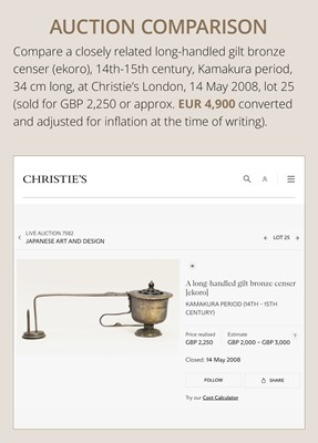 A BRONZE AND COPPER ‘LOTUS’ EKORO (LONG-HANDLED CENSER), NANBOKUCHO PERIOD