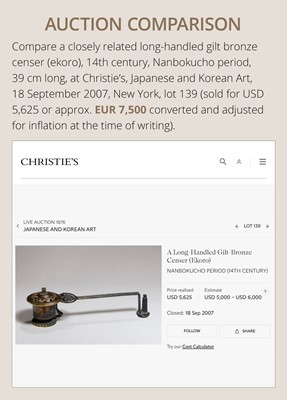 A BRONZE AND COPPER ‘LOTUS’ EKORO (LONG-HANDLED CENSER), NANBOKUCHO PERIOD