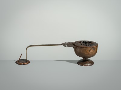 A BRONZE AND COPPER ‘LOTUS’ EKORO (LONG-HANDLED CENSER), NANBOKUCHO PERIOD