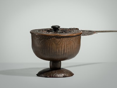 A BRONZE AND COPPER ‘LOTUS’ EKORO (LONG-HANDLED CENSER), NANBOKUCHO PERIOD